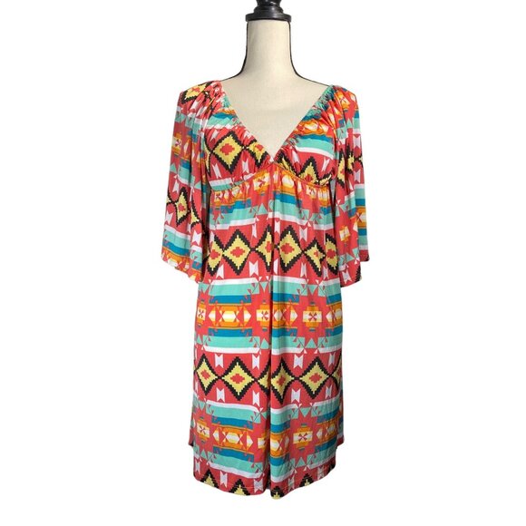 Boho Chic V-Neck Tribal Print Mini Dress With 3/4 Sleeves & Empire Waist - Picture 3 of 12